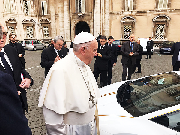 Italy, November 2017
Pope auctions Lamborghini to support Christians in Iraq.
A brand-new Lamborghini special edition Huracan presented to Pope Francis will be auctioned off with the proceeds donated to charity.  Part of the funds raised from the Sotheby's auction will go to the project “Return to the roots” rules by foundation Aid to the Church in Need  (ACN)  to allow displaced Christians to return to their original villages and recover their dignity after the devastation by the Islamic State group.