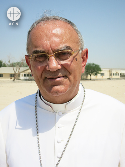 Bahrain, Awali October 2013 
Bishop Camillo Ballin (Apostolic Vicar of Northern Arabia)  on the compound where the Cathedral of Our Lady of Arabia will be built. Beginning of construction: approx. Oct 2014. 
The compound is in Awali, approx. 20 km in the south of Manama City, the capital of Bahrain. Additional to the cathedral there will be also a diocese center, flats for priest and bishop, accomodation for guests, rooms for seminars and meetings. 
(Project: BAHRAIN / NATIONAL 13/00001)