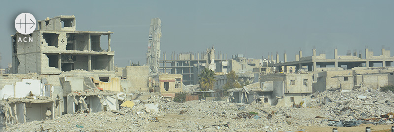 시리아 다마스쿠스, 폭격으로 완전히 파괴된 북부 하라스타 지구 (출처=ACN 자료사진)
