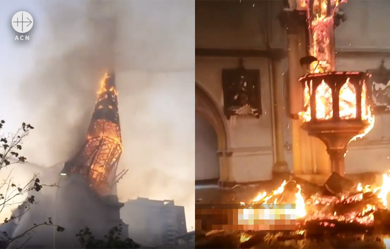 불에 타 무너져 내리는 산 프란치스코 데 보르하 성당과 성모 승천 성당 (출처=ACN 자료사진)