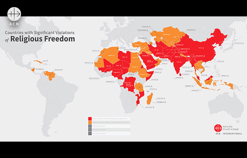 2021 세계 종교 자유 보고서 종교 자유 침해가 심각한 국가를 나타낸 세계 지도